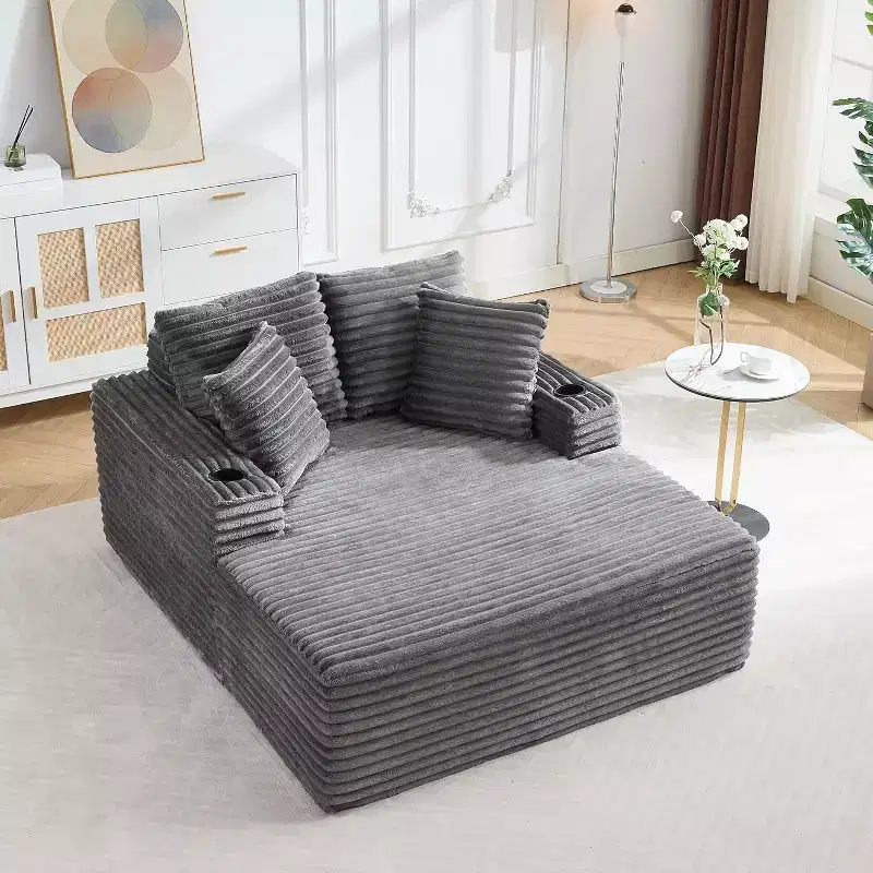 64 Oversized Chaise Lounge Chair, Corduroy Boneless Sofa Bed with 2 Pillows & 2 Cup Holders, No Assembly, Beige/Gray/Green/Black
