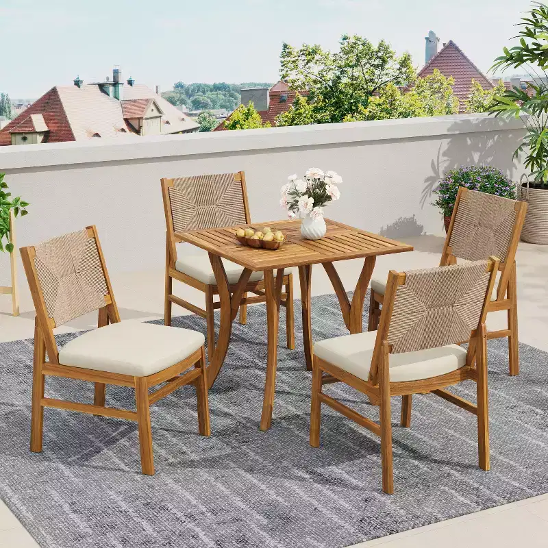 Christopher Knight Home Isidora 5 Piece Patio Rustic Acacia Wood Dining Set with Wicker Woven Chair