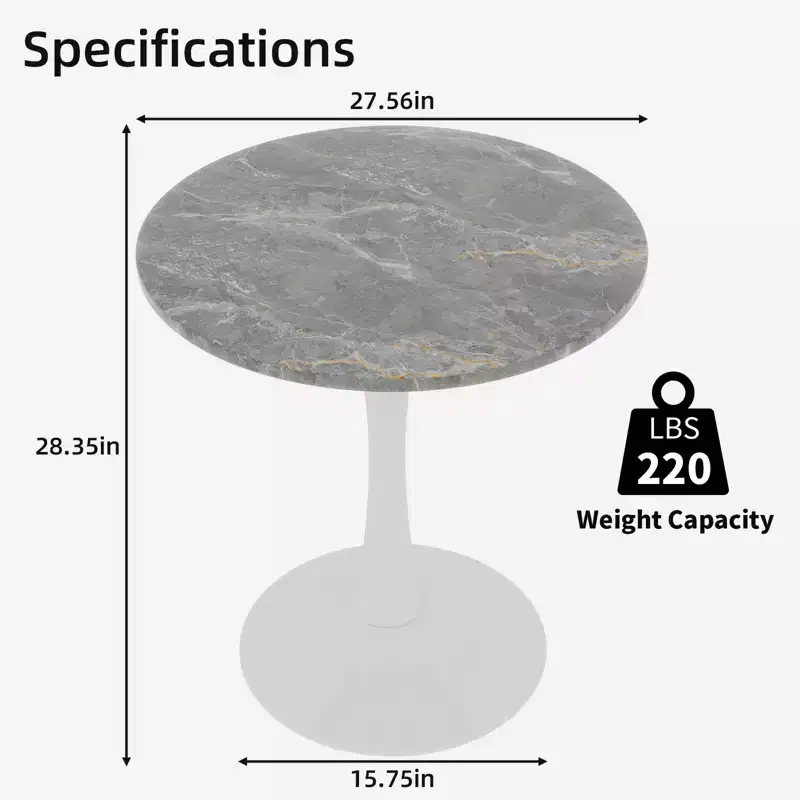 JVNOXK 27.6 Mid-Century Modern Round Coffee Table, White Pedestal with Dark Gray Veined Marble-Effect Top