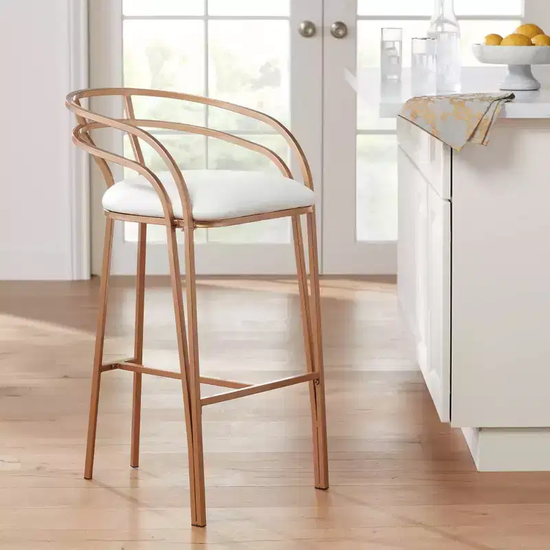 Gold Metal Bar Stool 30 High Modern White Upholstered Fabric Cushion with Low Backrest Footrest for Kitchen Counter Height
