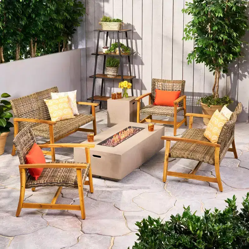 Augusta 6pc Wood & Wicker Chat Set with Fire Pit: Acacia Frame, Weather-Resistant - Christopher Knight Home