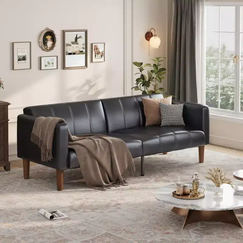 Modern Futon Sofa Bed Folding Futon Set for Living Room, 75 Faux Leather Convertible Couch, Mid-Century Loveseat for Small Space, Bedroom