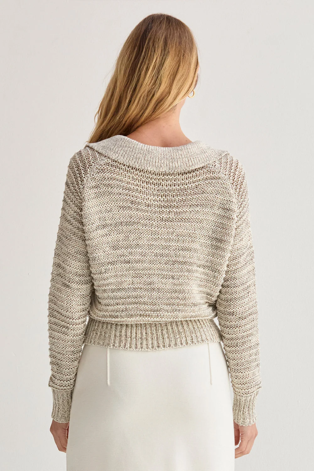 Marled Polo Collar V-Neck Knit Sweater Long Sleeve Relaxed Fit