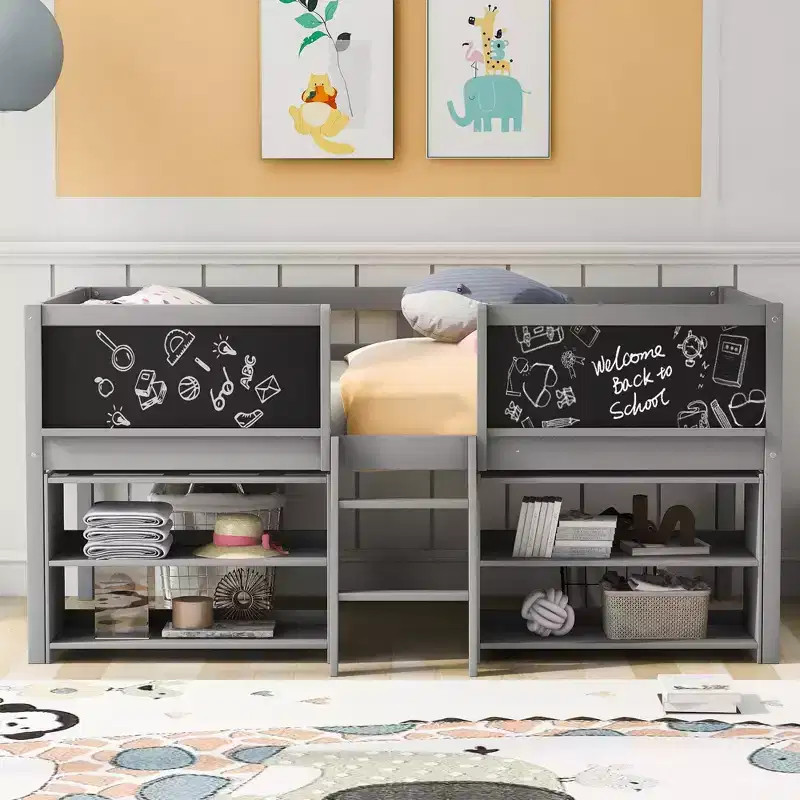 Whisen 78''L*39''W Twin Size Low Loft Bed with Two Movable Shelves and Ladder,with Decorative Guardrail Chalkboard