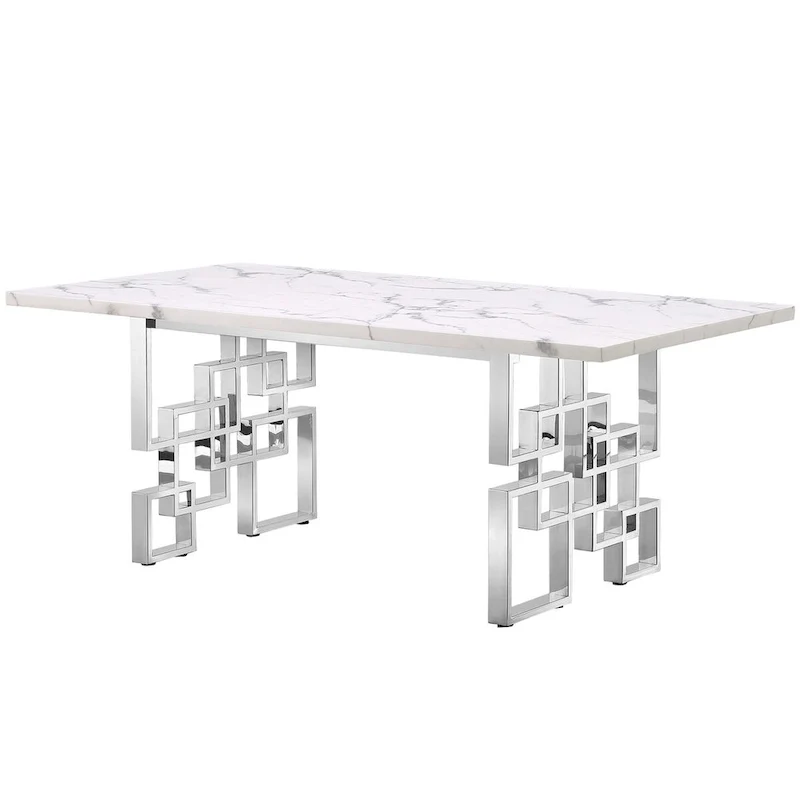 Luxury White Faux Marble Dining Table with 78 Inch Top and Metal Base
