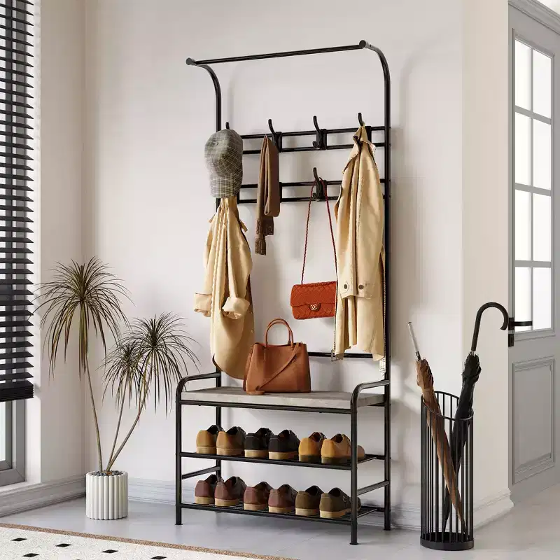 Narrow Entryway Hall Tree with Shoe Storage Bench, Coat Rack Shelves with 8 Hooks, Hanging Bar