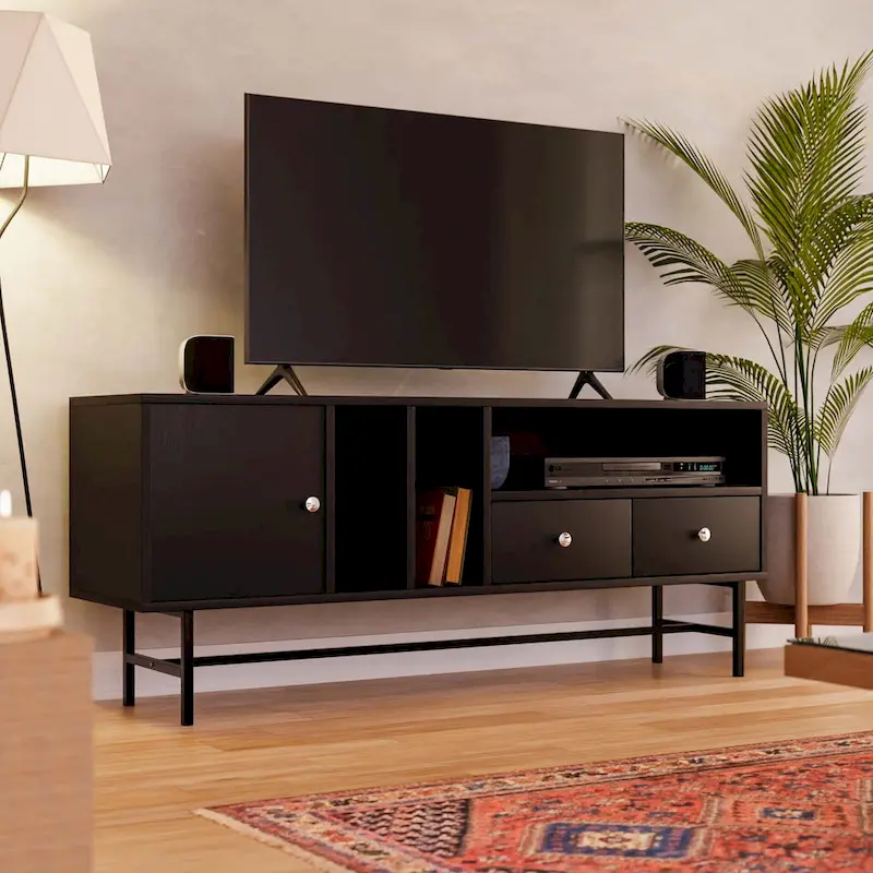 2-Drawer 4-Shelf TV Stand Credenza with Iron Legs