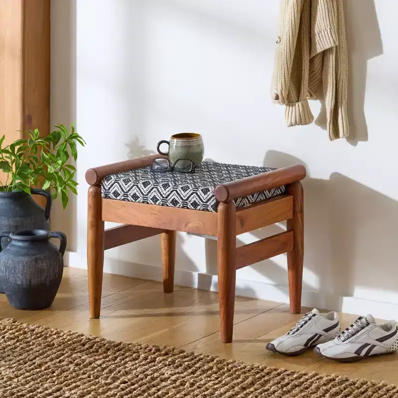 Moroccan-Inspired Ottoman, Navy White and Natural Wood, Mango Wood Frame