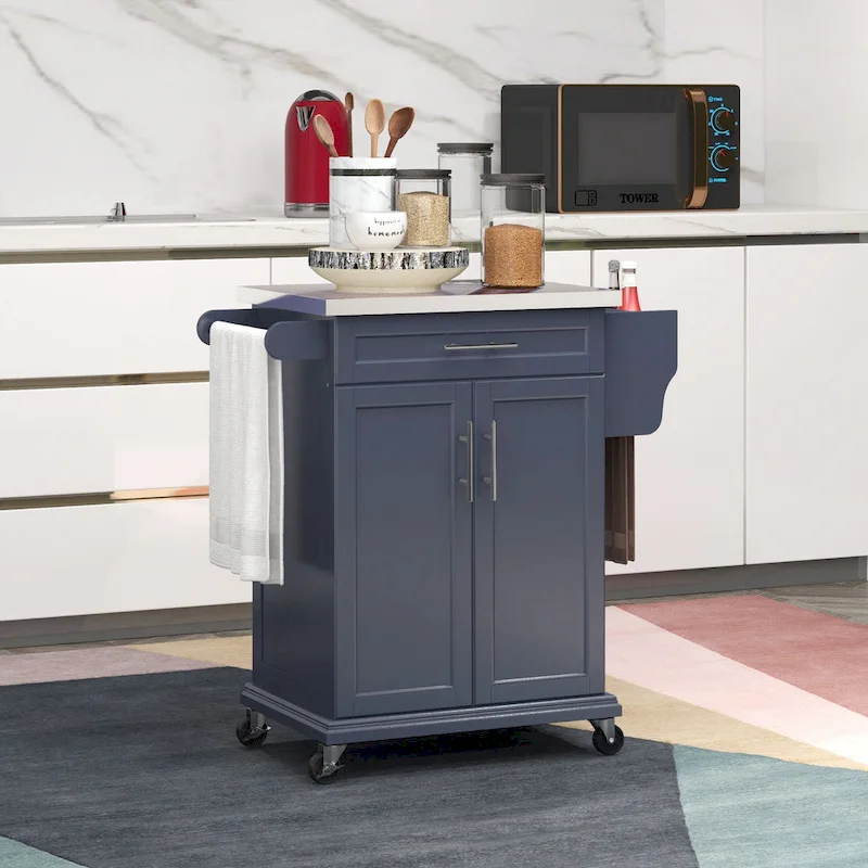 Kitchen Island on Wheels, Rolling Kitchen Cart with Stainless Steel Countertop, Drawer, Gray
