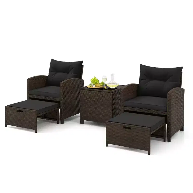 Costway 5 Piece Patio Rattan Furniture with 2 Ottomans & Tempered Glass Coffee Table Black/Off White/Navy/Red/Gray