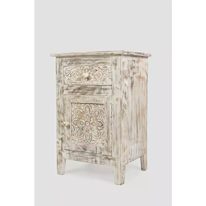 Jofran,Global Archive Hand Carved Mango Wood Accent Table- White Color