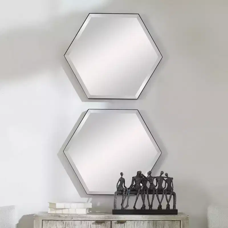 Hexagon Vanity Accent Wall Mirrors Set of 2 Modern Beveled Black Metal Frame 23 1/4 Wide for Bathroom Bedroom Home