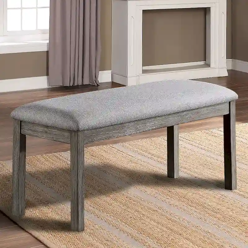 Rustic Grey Upholstered Wood Bench – Padded Seat, Wire-Brushed Finish, 45