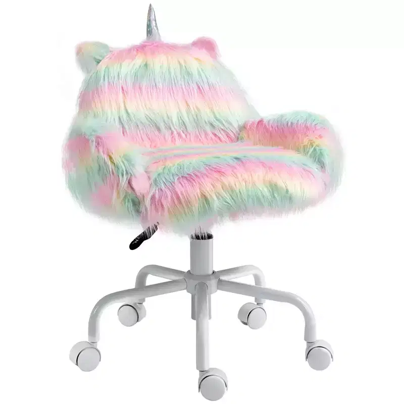 HOMCOM Fluffy Unicorn Office Chair with Mid-Back and Armrest Support, 5 Star Swivel Wheel White Base, Rainbow