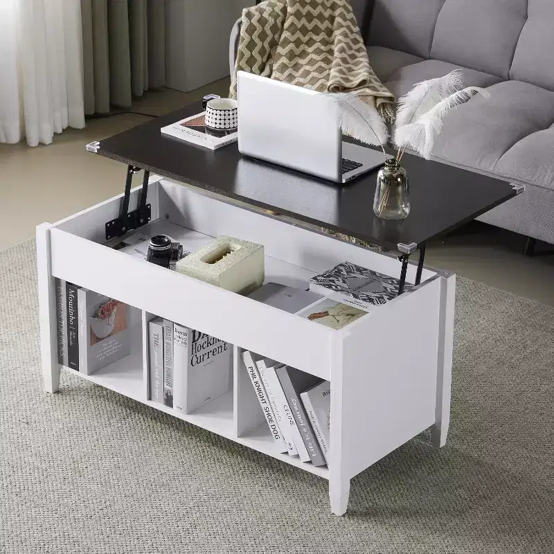 Summit Adventure White Lift-Top Coffee Table - Storage Shelf & Hidden Compartment - Pneumatic Lift Mechanism for Living Room