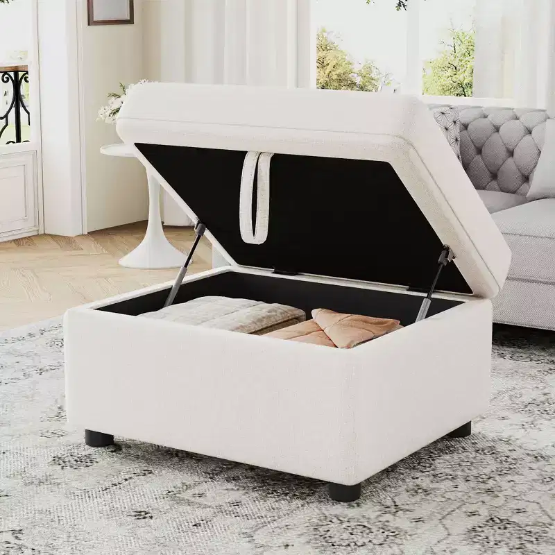 Movable Storage Ottoman Footrest with Hidden Compartment & Plush Corduroy Seat, 250 lbs, Beige