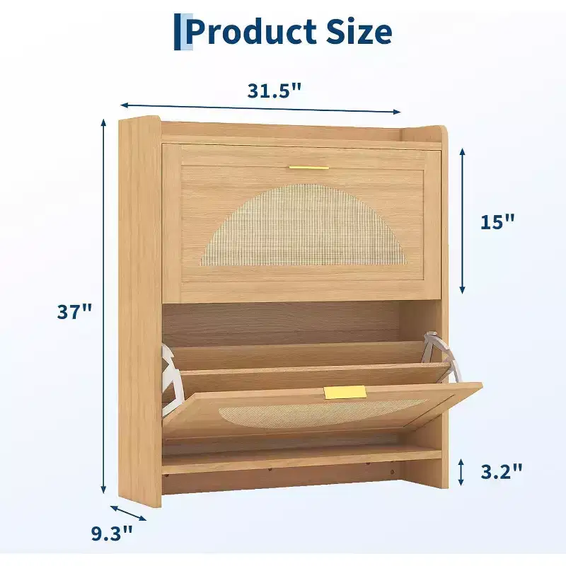 Rattan Shoe Cabinet with 2 or 4 Flip Drawers, Free Standing Wooden Shoe Storage Organizer Cabinet with Adjustable Shelves for Entryway,Hallway,Foyer