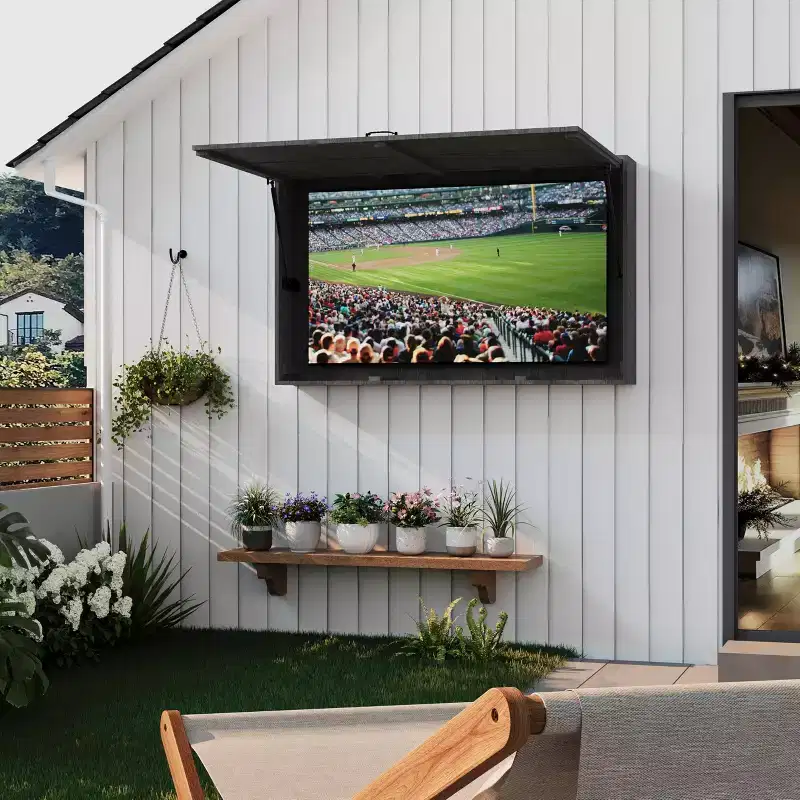 Outdoor Wooden TV Display Protector, 48 inch Solid Waterproof Adjustable Television Hard Box with Extra Cover and Telescopic Bracket Black