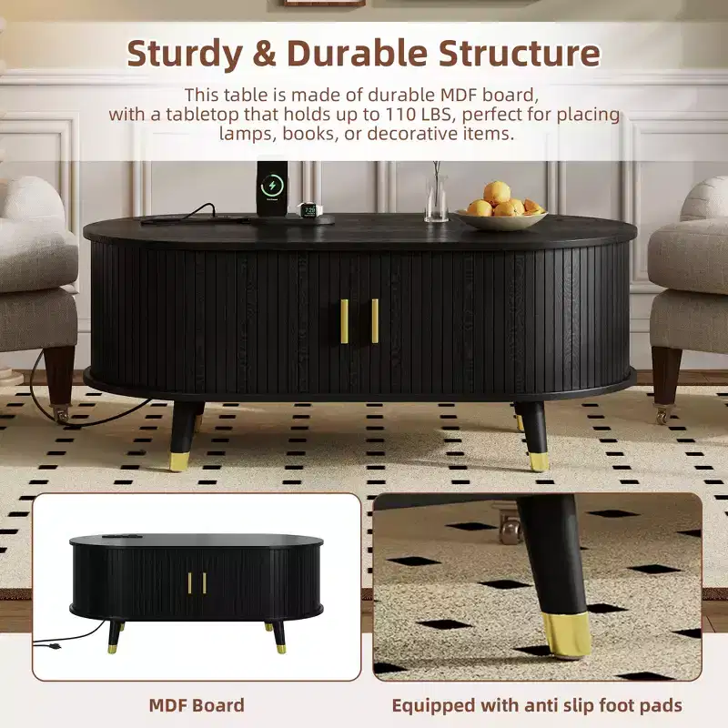 Farmhouse TV Stand Set with Coffee Table for 80 inch TV, Fluted TV Storage Cabinet with Sliding Door, Oval Entertainment Center with Wood Legs
