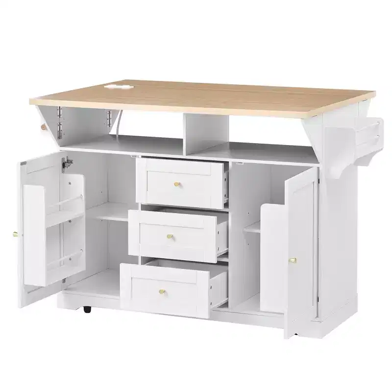 Rolling Kitchen Island with Power Outlet, Spice Rack & 2 Drop Leaf