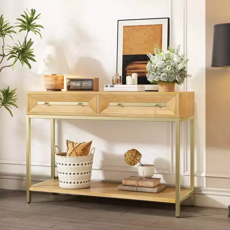 MAYEERTY Console Table with Two Drawers Retro Striking Geometric Design for Living Room Natural