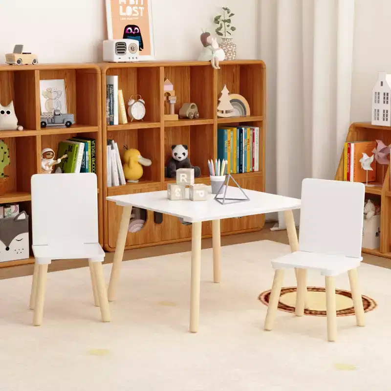Etokfoks Kids Table and 2 Chairs Set White Solid Wood and MDF 23.6 x 23.6 x 17.3 in Table 13.4 x 11.8 x 20.1 in Chairs