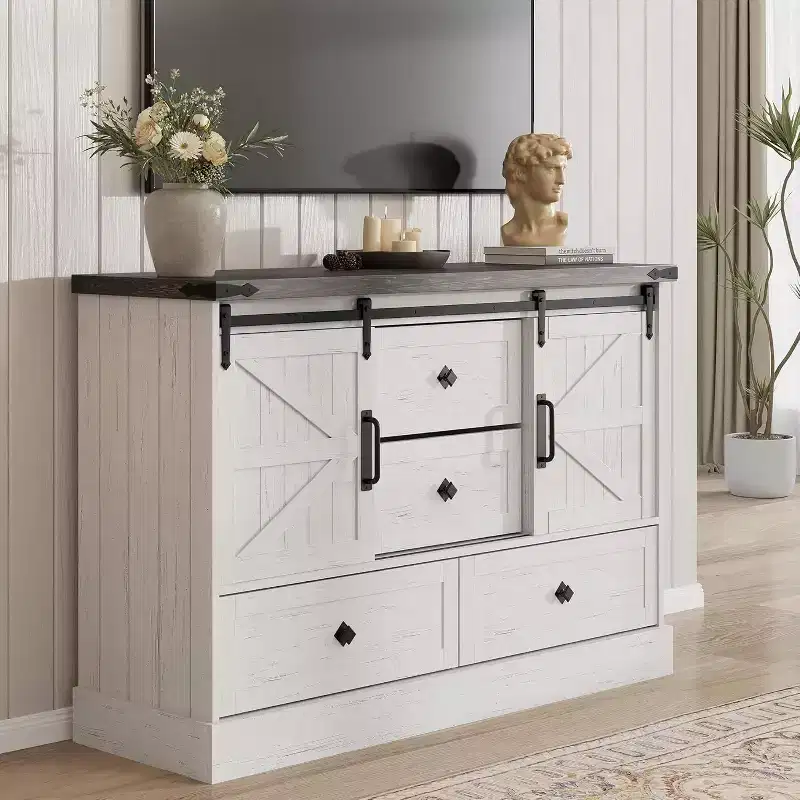 45 Farmhouse Dresser - 4 Drawers & Sliding Barn Doors, TV Stand for Bedroom & Living Room