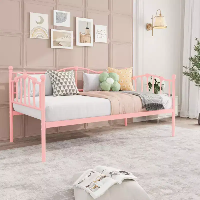 Modern Heart-Shaped Twin Metal Daybed with Pull-Out Trundle  Heavy Duty Steel Slats, Noise-Free, Space-Saving Sofa Bed Frame for Bedroom,Living Room