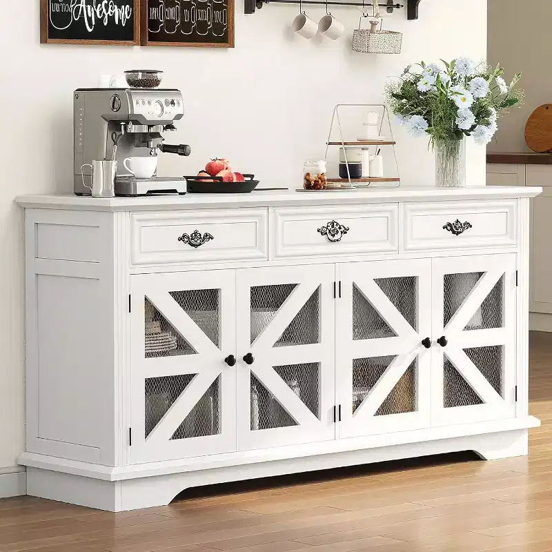 63 Sideboard Buffet Cabinet with Storage, Wood Kitchen Storage Cabinet with Charging Station, 3 Drawers, 4 Doors & Adjustable Shelves for Dining Room