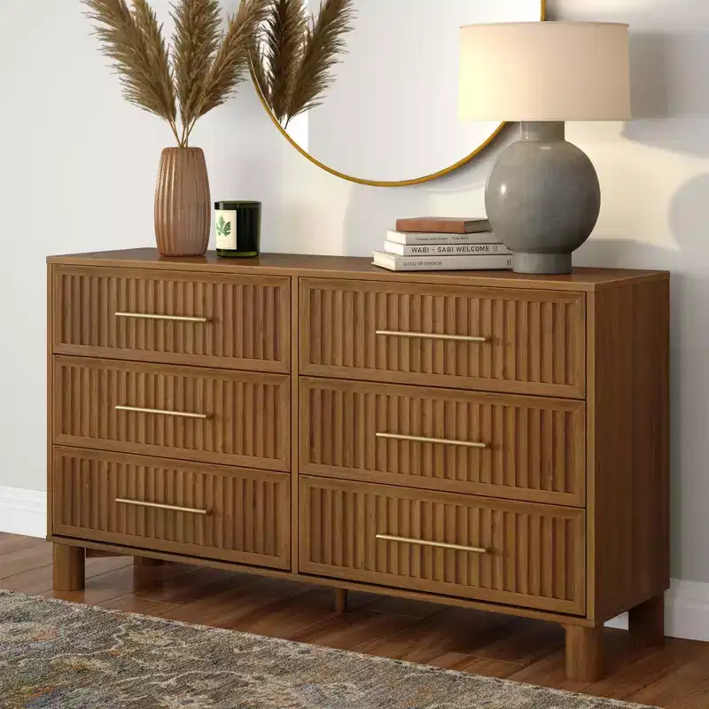 Sera Fluted 6 Drawer Dresser with Brass Handle