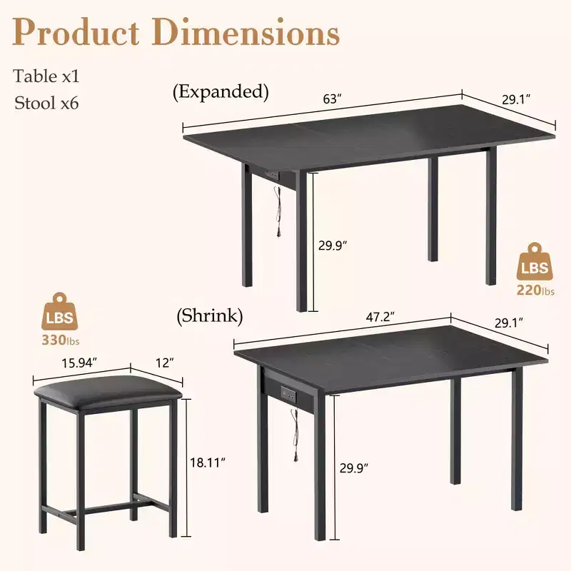 VECELO 7-Piece Dining Table Set with 6 Stools, 63 Expandable Kitchen Table with Metal Frame, Small Spaces, Black