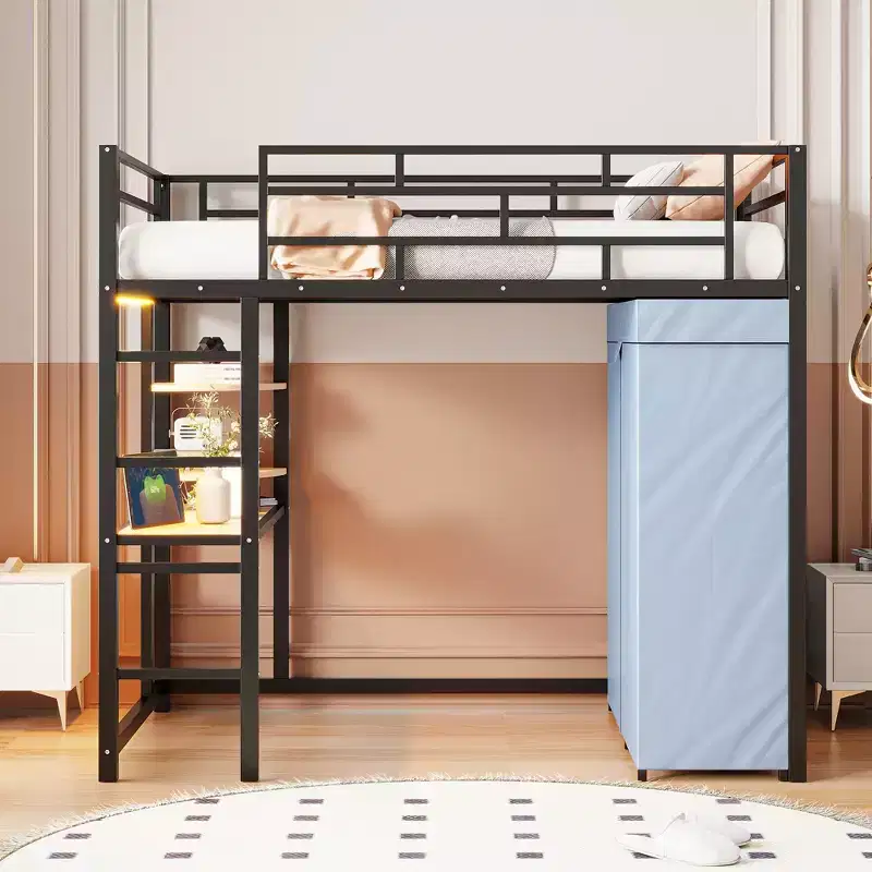 Loft Metal Bed with Desk, Shelves, Power Outlet, LED Light and Wardrobe
