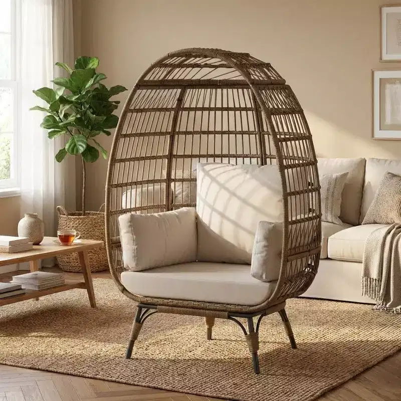 Wicker Egg Chair with Soft Cushion and Steel Frame, Rattan Patio Lounge Chairs for Patio, Backyard, Living Room, Bedroom