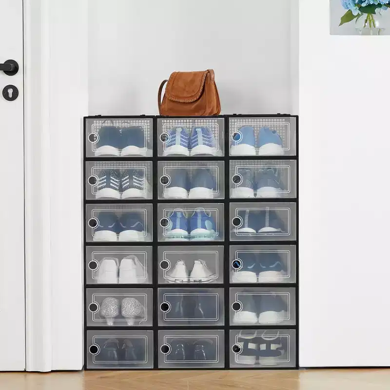 18-Pack Large Foldable Shoe Boxes, Stackable Plastic Shoe Storage Organizers for Closet, Clear Door Sneaker Containers with Hinged Lid