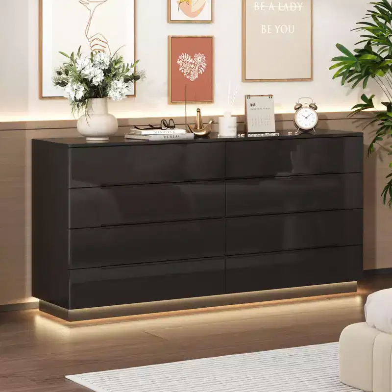 Modern 8-Drawer Chest with LED Base Lighting & High-Gloss Finish, Stylish Home Organizer