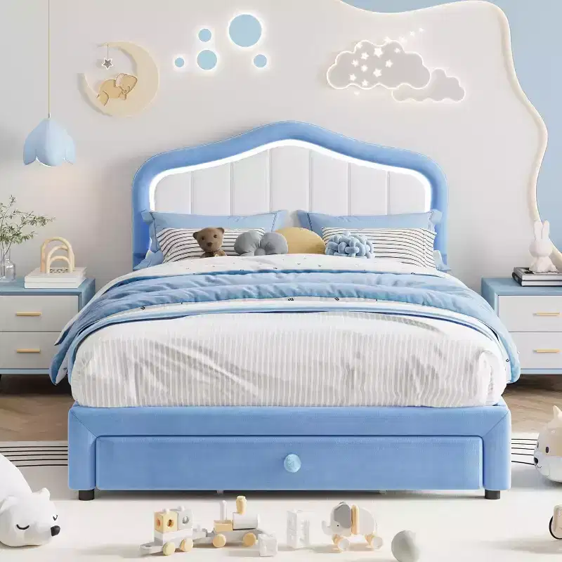 Upholstered Twin Bed Frame with Storage Drawer for Kids, Girls, Boys, No Box Spring Needed
