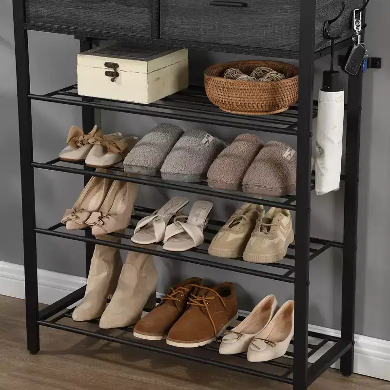 4-Tier Shoe Rack with 2 Drawers, Metal Shoe Organizer for 9 Pairs with Storage Shelves and Wooden Top, for Entryway, Hallway, Foyer, Closet
