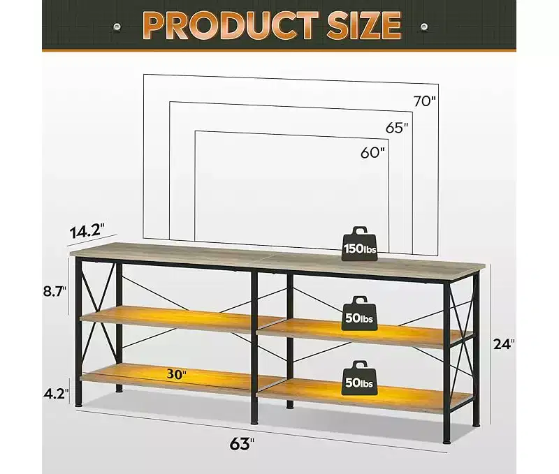 TV Stand for 65-70 Inch TV with LED Lights, Industrial Gaming Entertainment Center, Greige