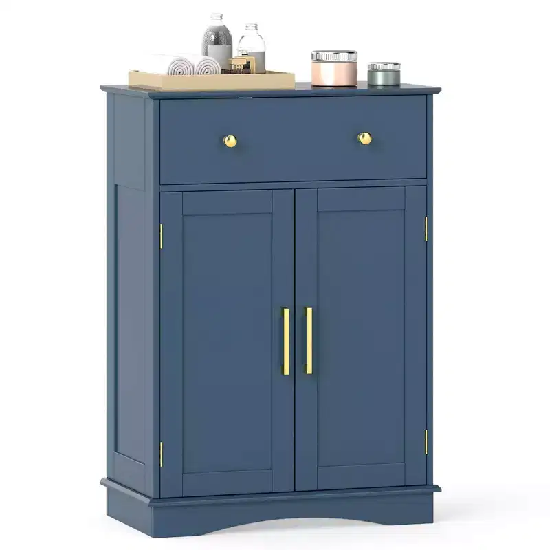 Bathroom Floor Cabinet Modern Storage Cabinet with Large Pull-out Drawer, 2 Doors Black/Blue/Gray/White/Black+White