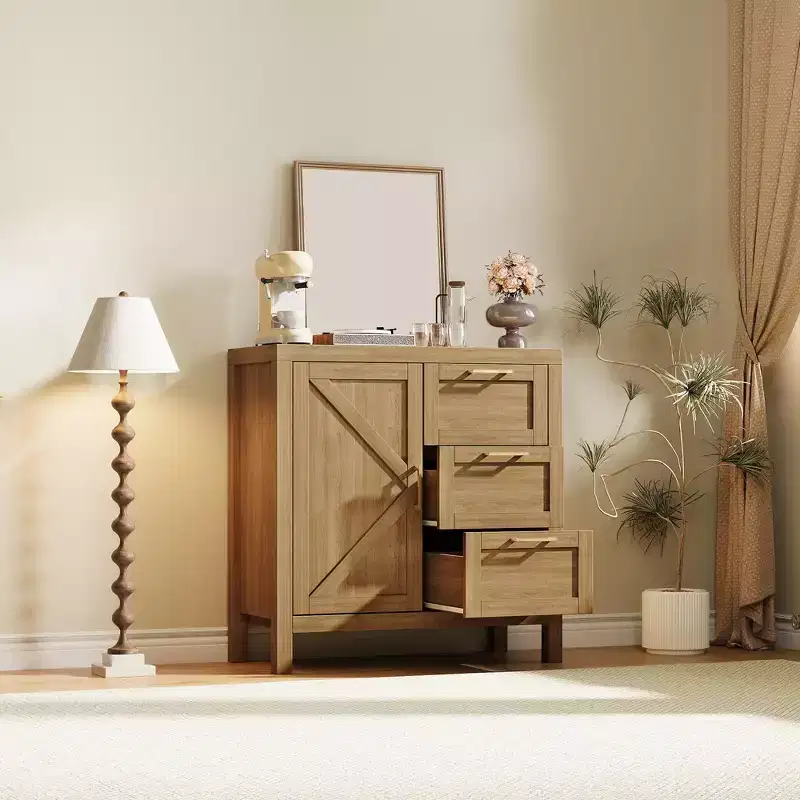 Walnut Sideboard with 3 Drawers, 1 Cabinet and Adjustable Shelves, for Living Room