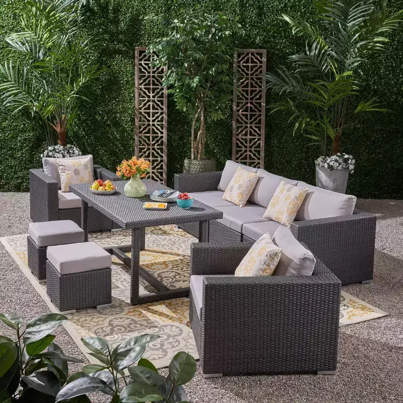 Santa Rosa 8pc Wicker & Aluminum Sofa Dining Set - Gray/Silver - Christopher Knight Home: Outdoor Seating with Removable Cushions