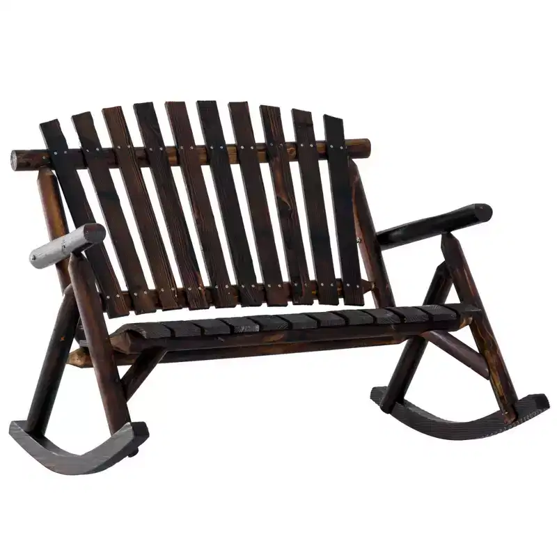 2 Person Wooden Adirondack Rocking Chair Indoor Outdoor Porch Rocker with Slatted High Back for Backyard Garden Patio