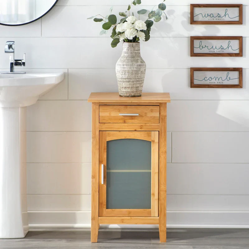 Bamboo Glass Door Linen Floor Cabinet