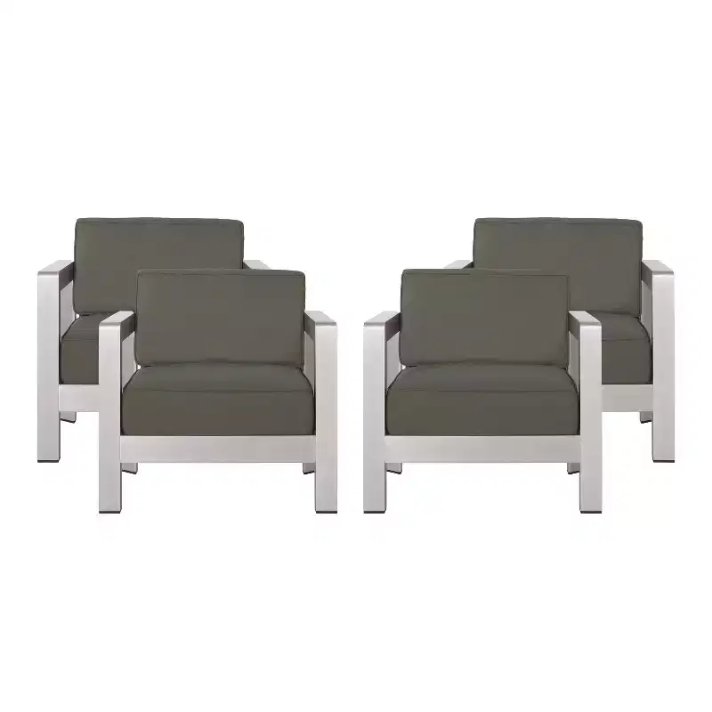 Christopher Knight Home Aviara Outdoor Aluminum Club Chair with Cushions (Set of 4), Silver/Khaki