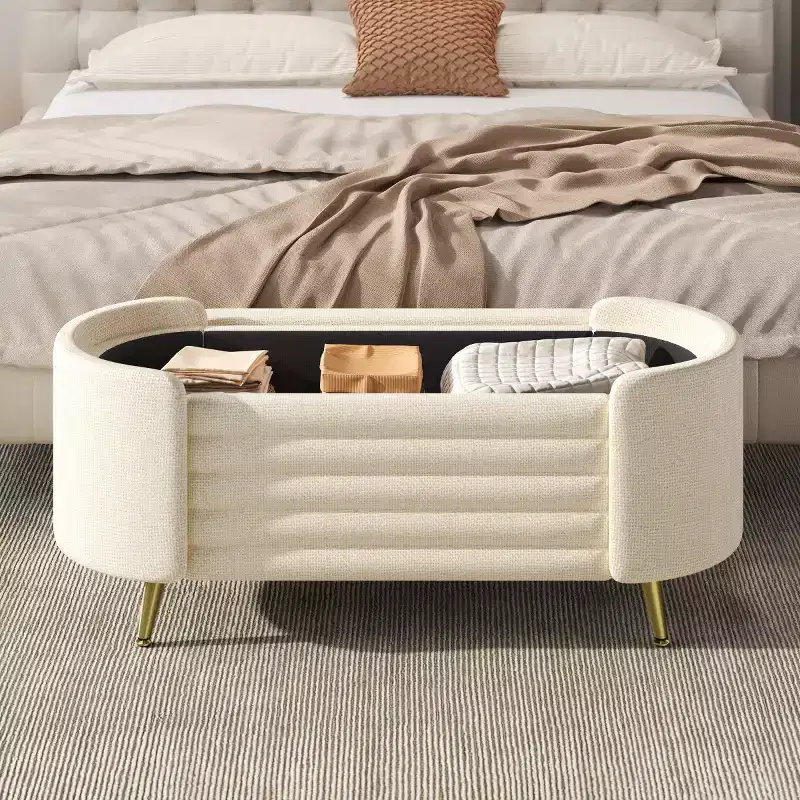48 Modern End-of-Bed Storage Bench with Gold Metal Legs, Oval Entryway Bench with Storage for Living Room, Bedroom, or Entryway