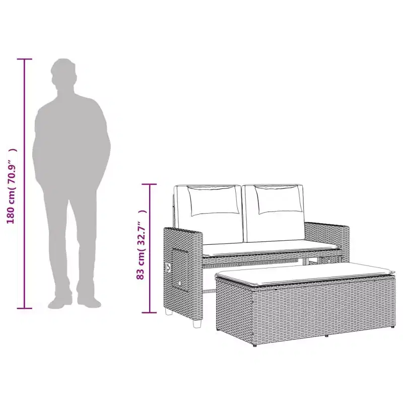 vidaXL Reclining Patio Bench with Cushions Seating Poly Rattan