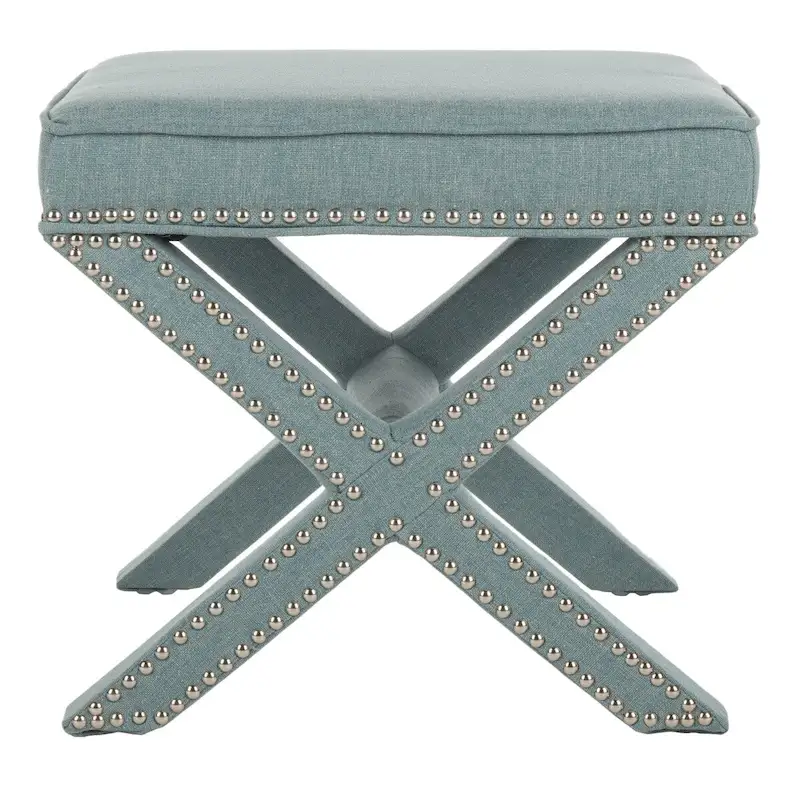 Tufted X-Bench Ottoman – Royal Wool Blend Fabric, Silver Nailhead Trim