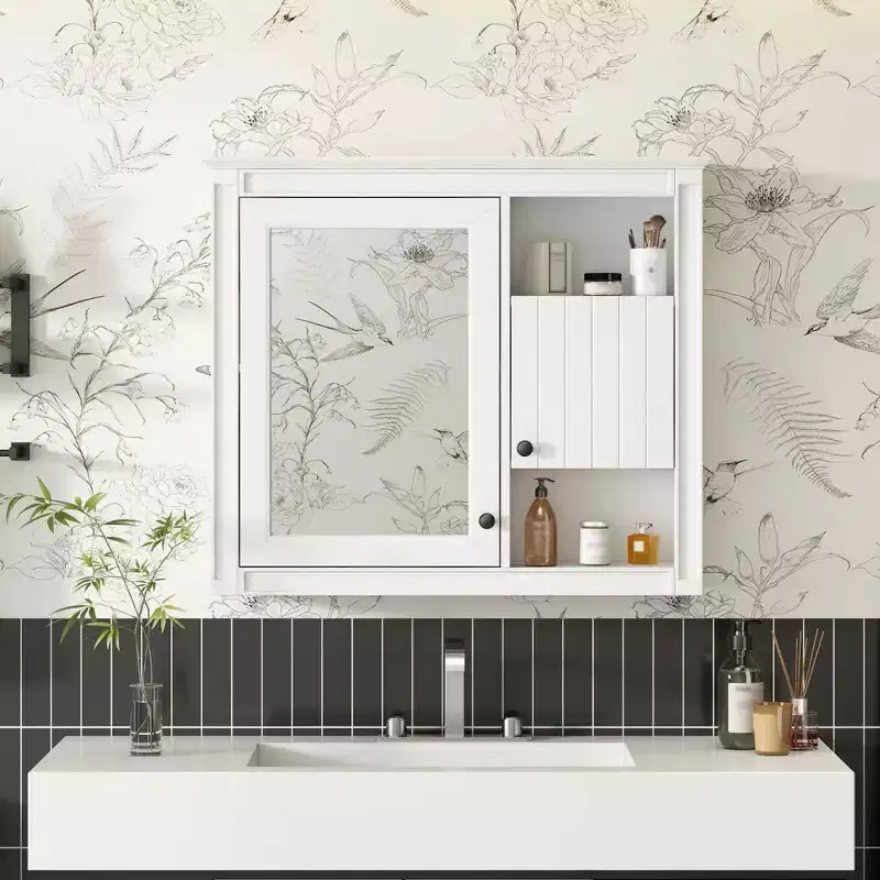 MAYEERTY 32 Bathroom Wall Cabinet with MIrrorWall Mounted Medicine Cabinet with 3 Shelves for Bathroom White