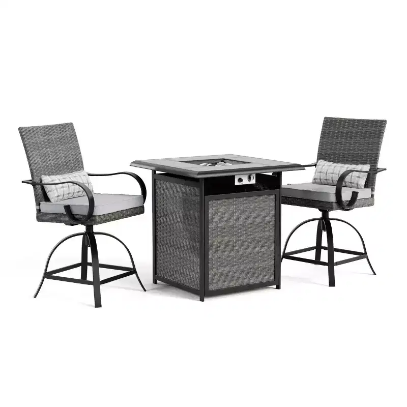 Greemotion 3pc Arosa Outdoor Counter Height Patio Firepit Sets with Swivel Chairs Gray: Ceramic Tile Top, UV & Rust-Resistant