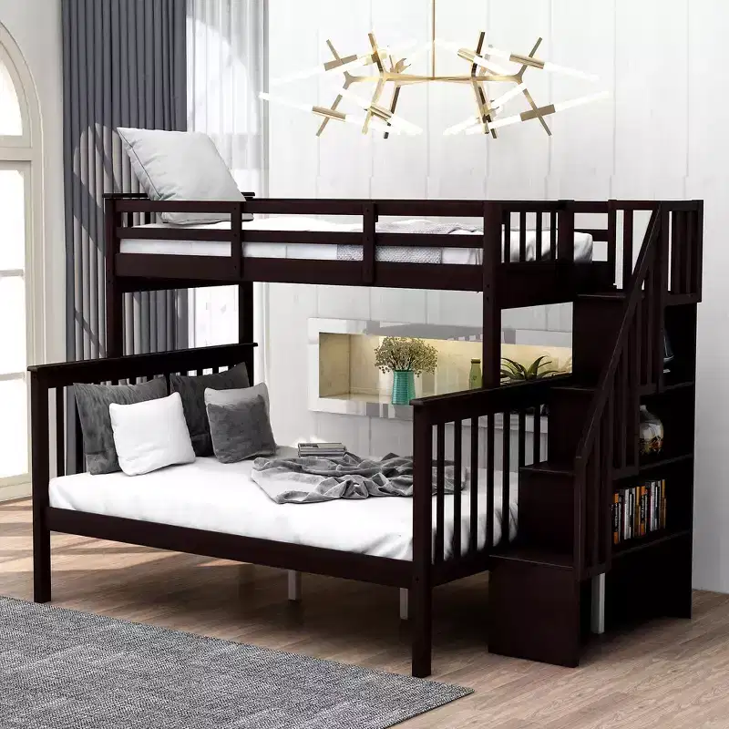 Whisen Twin-Over-Full Bunk Bed & Bed Frame with Stairway, Storage and Guard Rail